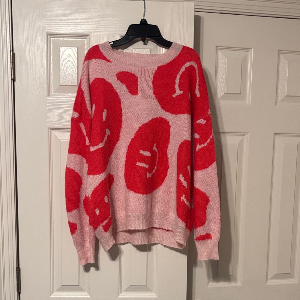 Altar'd State Pink Crewneck Sweater with Red Smile Motif